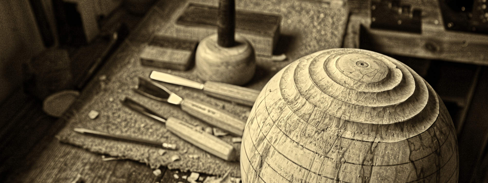 Sycamore sphere, tools on workbanch